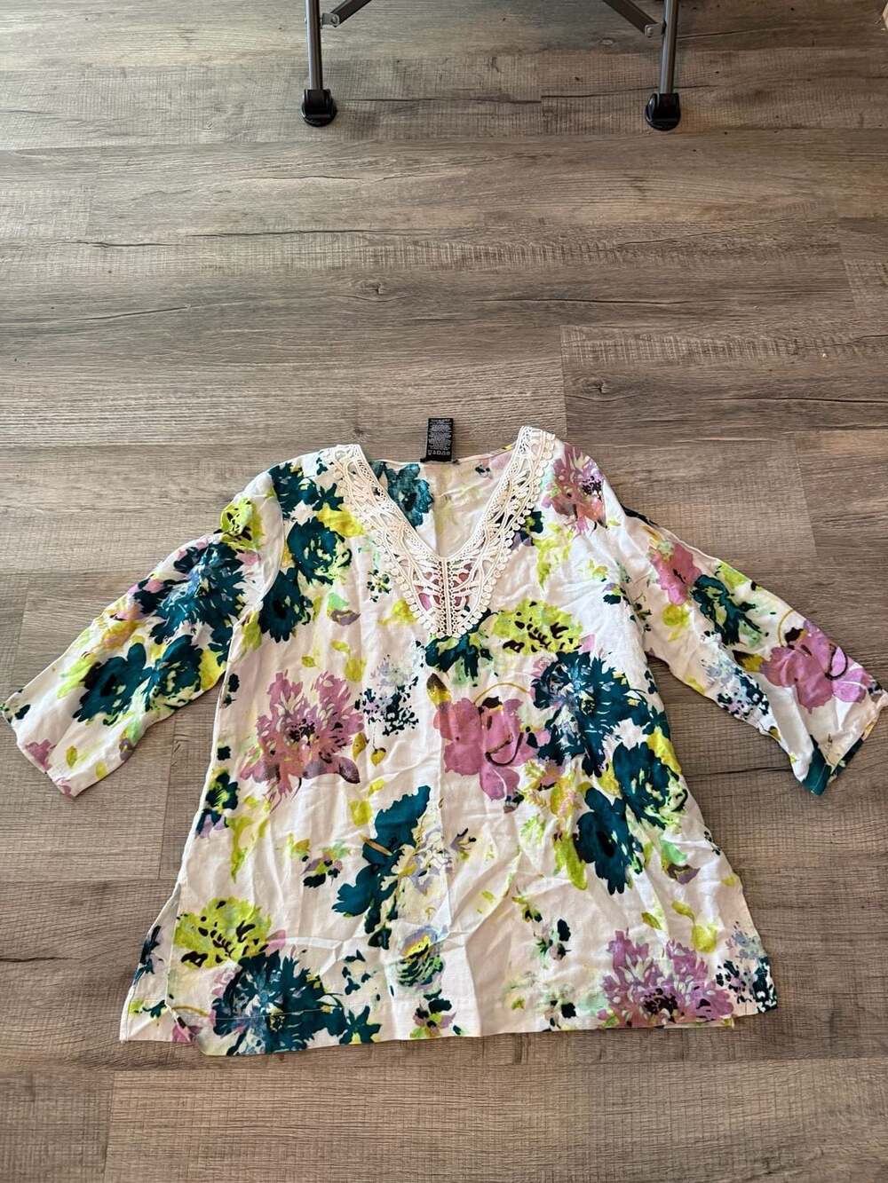NWT Premise Sz S Oversized Linen Blend Belize City Floral Tunic Top 3/4 Sleeve